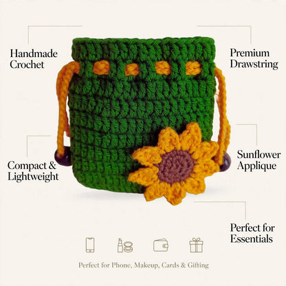 Handmade Crochet Green Potli Pouch – Yellow Sunflower Corner Design