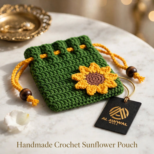 Handmade Crochet Green Potli Pouch – Yellow Sunflower Corner Design
