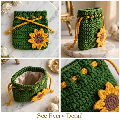 Handmade Crochet Green Potli Pouch – Yellow Sunflower Corner Design