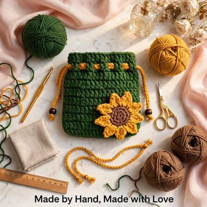 Handmade Crochet Green Potli Pouch – Yellow Sunflower Corner Design