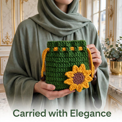 Handmade Crochet Green Potli Pouch – Yellow Sunflower Corner Design
