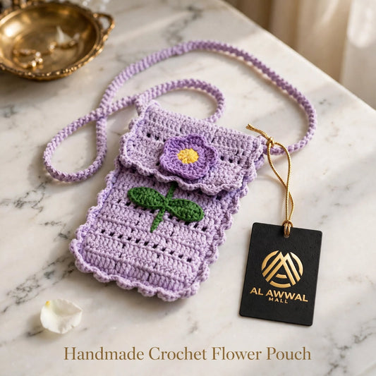 Handmade Crochet Shoulder Bag – Light Purple with Dark Purple & Green Flower