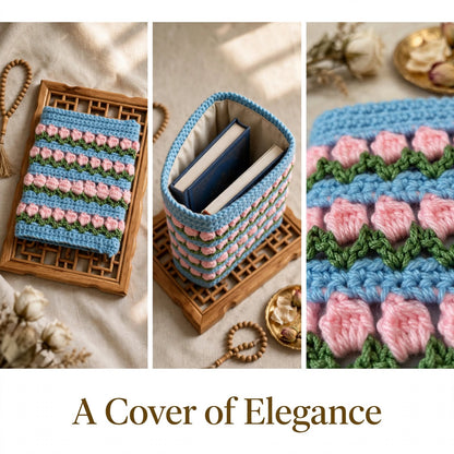 Handmade Crochet Quran Cover – Blue, Baby Pink & Green Layered Floral Design