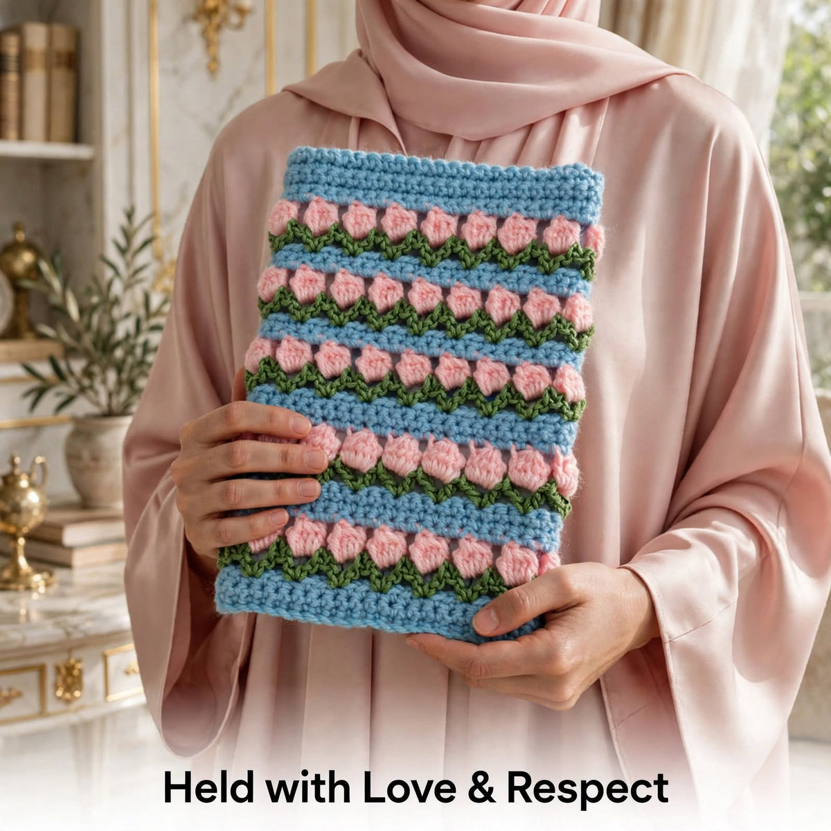 Handmade Crochet Quran Cover – Blue, Baby Pink & Green Layered Floral Design