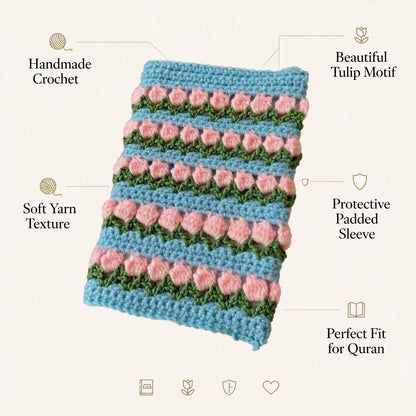 Handmade Crochet Quran Cover – Blue, Baby Pink & Green Layered Floral Design