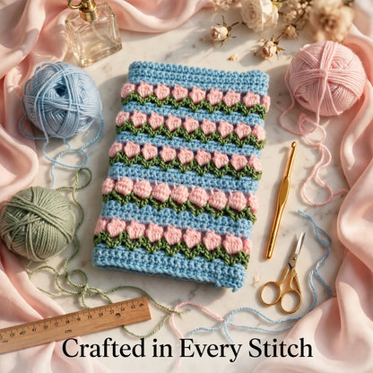 Handmade Crochet Quran Cover – Blue, Baby Pink & Green Layered Floral Design