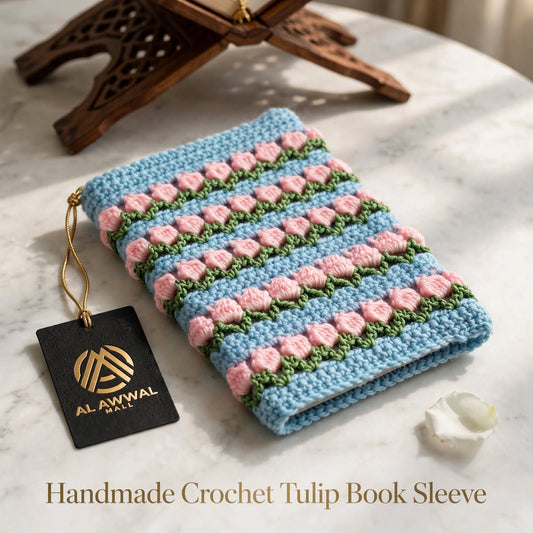 Handmade Crochet Quran Cover – Blue, Baby Pink & Green Layered Floral Design