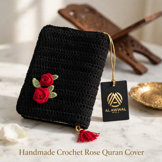 Handmade Crochet Quran Cover – Pure Black with Red Rose Flowers