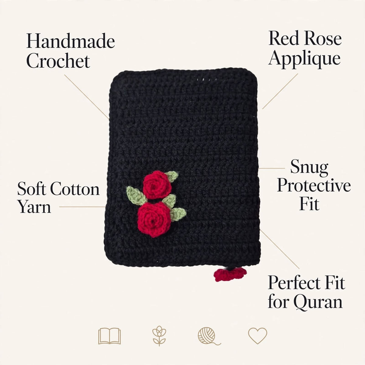 Handmade Crochet Quran Cover – Pure Black with Red Rose Flowers