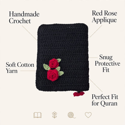 Handmade Crochet Quran Cover – Pure Black with Red Rose Flowers