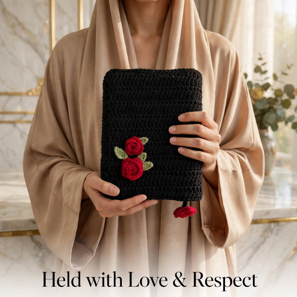 Handmade Crochet Quran Cover – Pure Black with Red Rose Flowers
