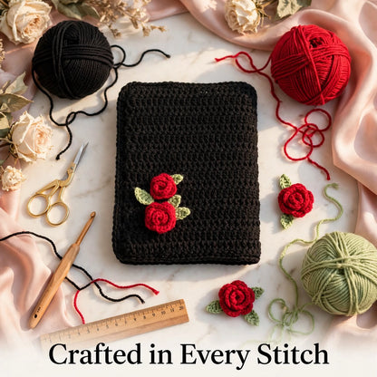 Handmade Crochet Quran Cover – Pure Black with Red Rose Flowers