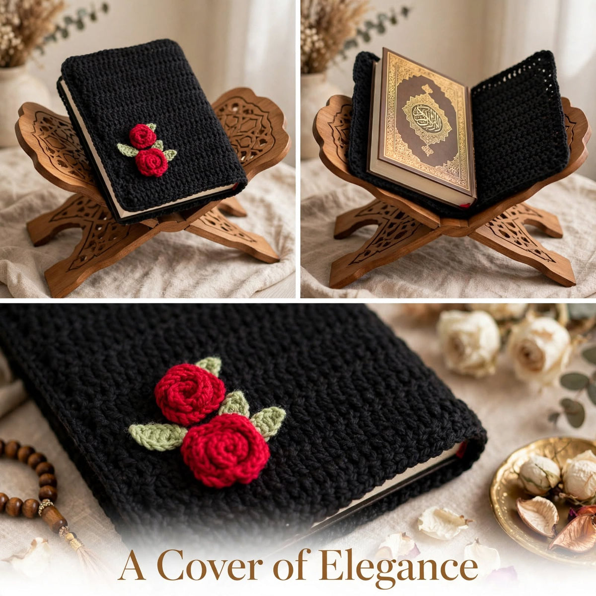 Handmade Crochet Quran Cover – Pure Black with Red Rose Flowers