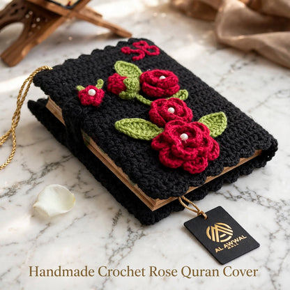 Handmade Crochet Quran Cover – Black with Red Rose & Green Leaf Design