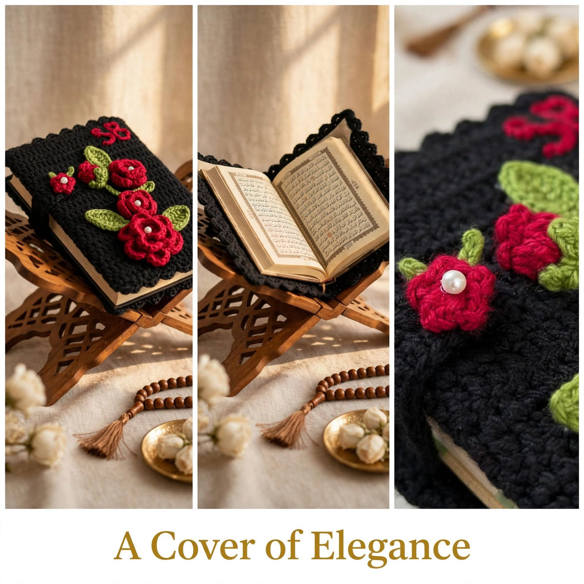 Handmade Crochet Quran Cover – Black with Red Rose & Green Leaf Design