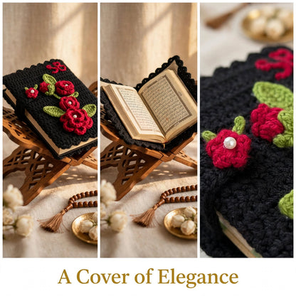 Handmade Crochet Quran Cover – Black with Red Rose & Green Leaf Design