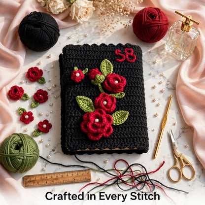 Handmade Crochet Quran Cover – Black with Red Rose & Green Leaf Design
