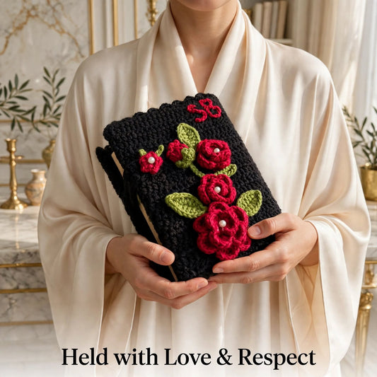 Handmade Crochet Quran Cover – Black with Red Rose & Green Leaf Design