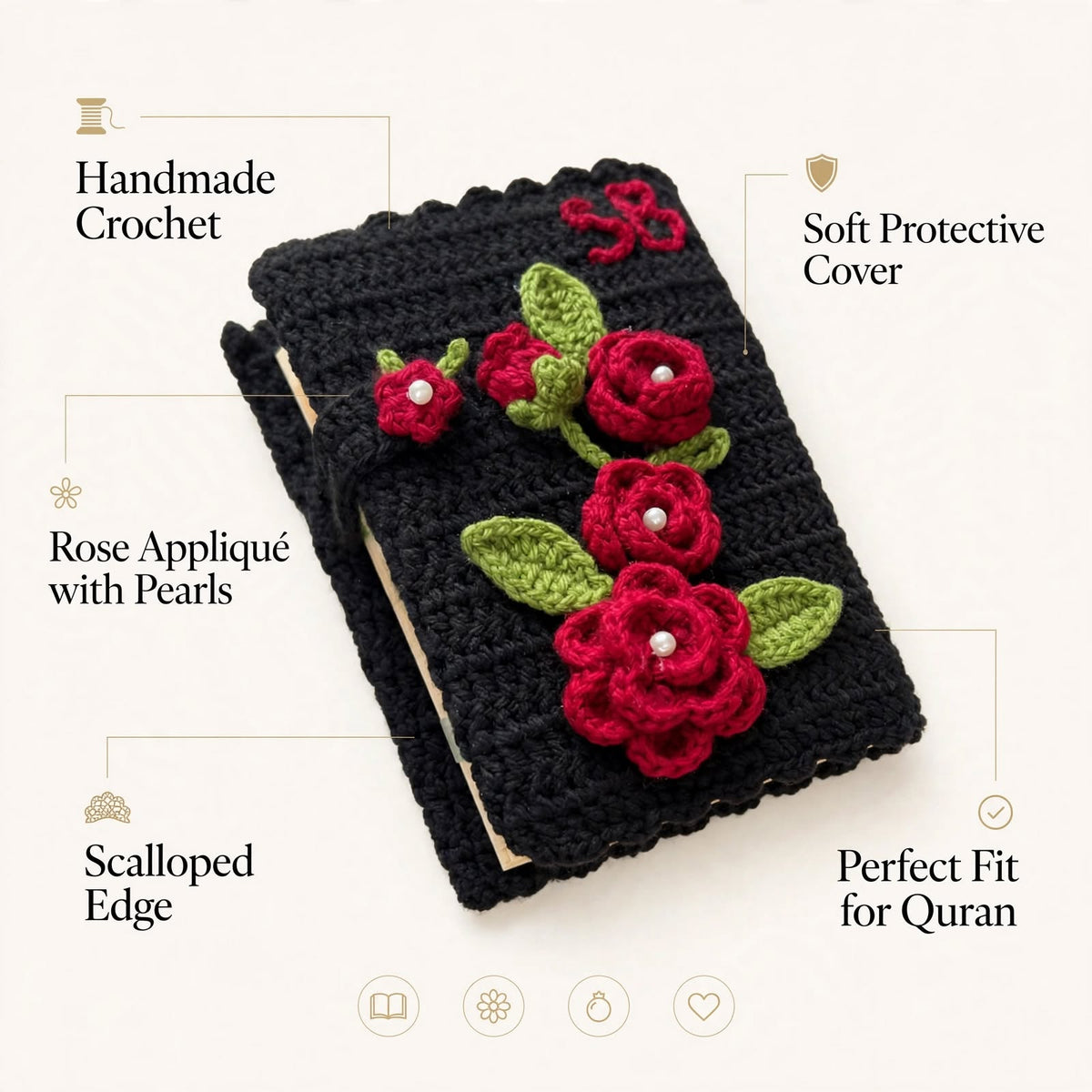 Handmade Crochet Quran Cover – Black with Red Rose & Green Leaf Design