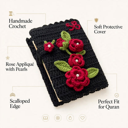 Handmade Crochet Quran Cover – Black with Red Rose & Green Leaf Design