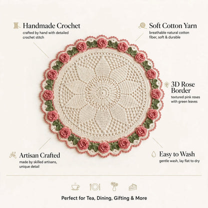 Handmade Crochet Round Table Mat – Star Center & Floral Corner Lace Design