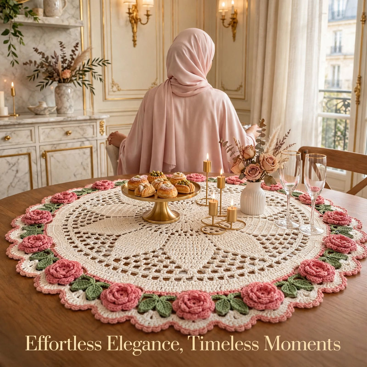 Handmade Crochet Round Table Mat – Star Center & Floral Corner Lace Design