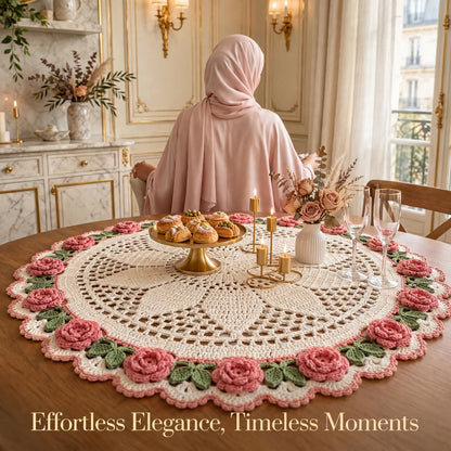 Handmade Crochet Round Table Mat – Star Center & Floral Corner Lace Design