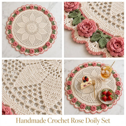 Handmade Crochet Round Table Mat – Star Center & Floral Corner Lace Design