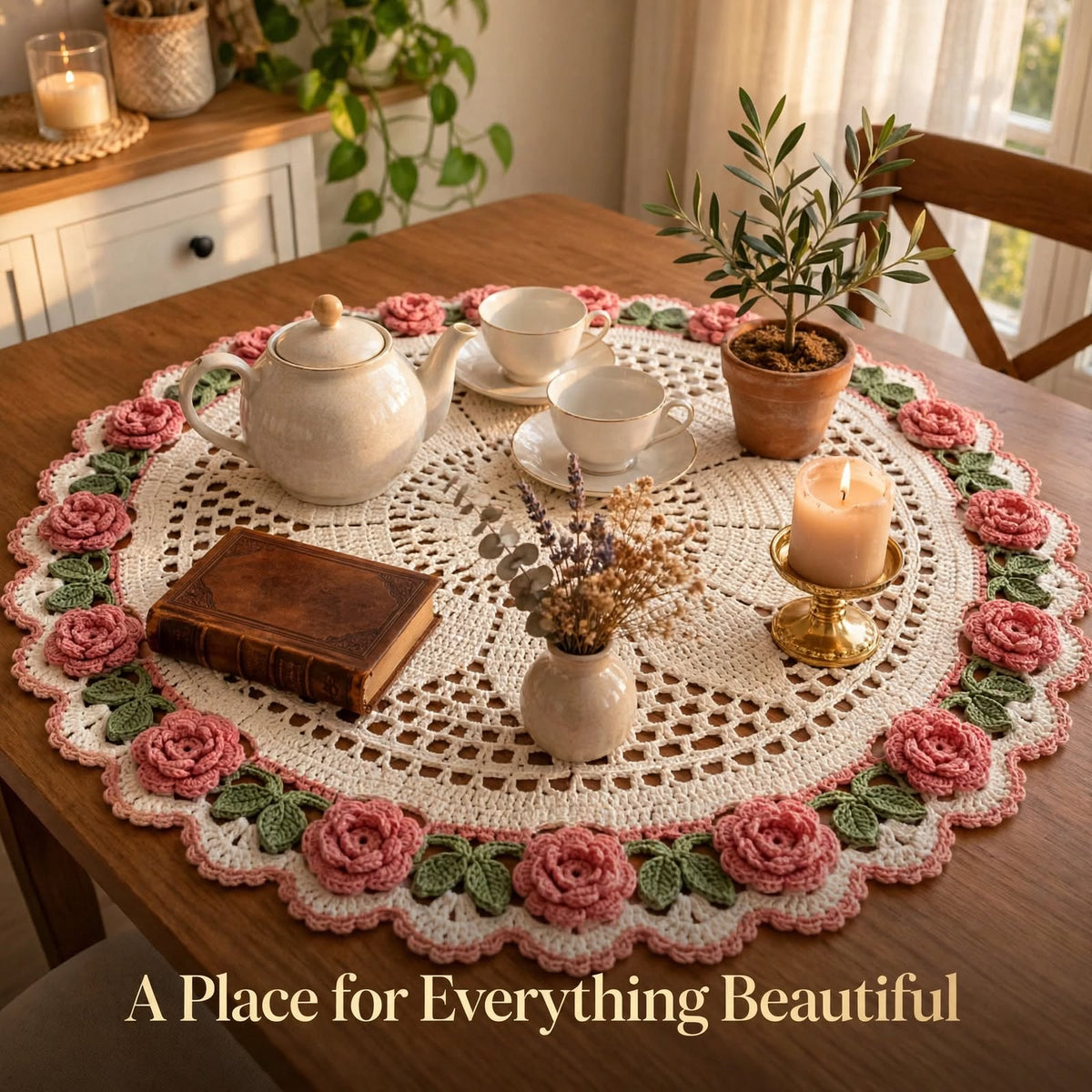 Handmade Crochet Round Table Mat – Star Center & Floral Corner Lace Design