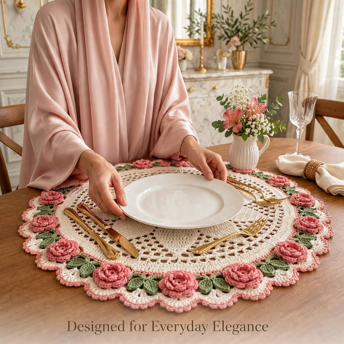 Handmade Crochet Round Table Mat – Star Center & Floral Corner Lace Design