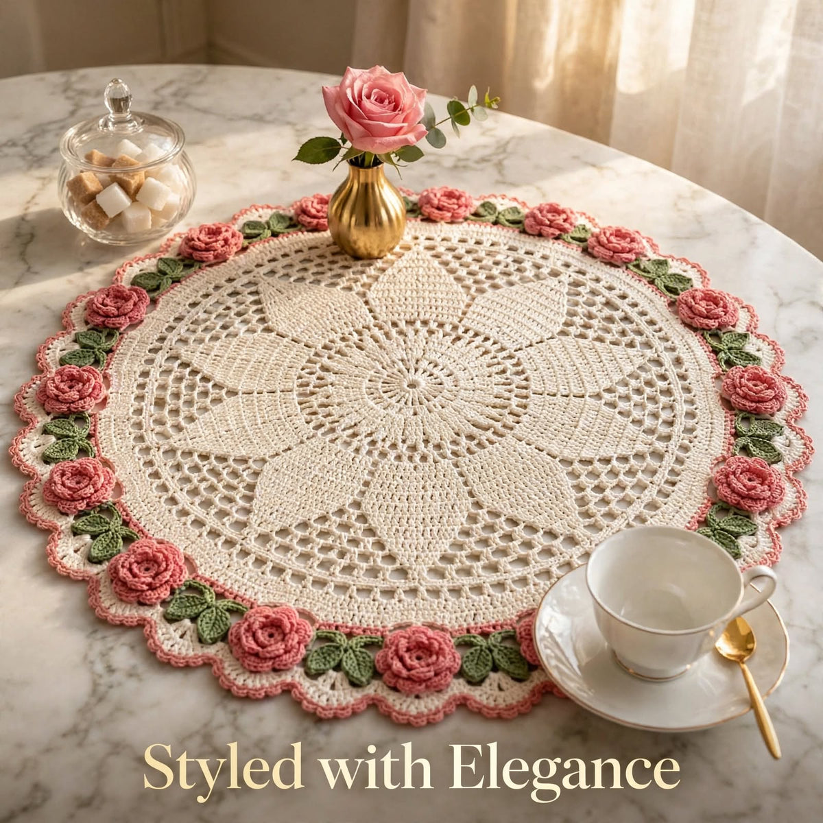 Handmade Crochet Round Table Mat – Star Center & Floral Corner Lace Design