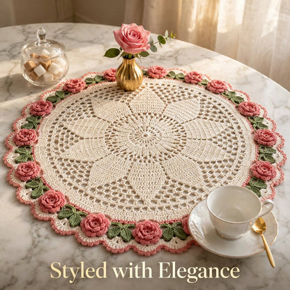 Handmade Crochet Round Table Mat – Star Center & Floral Corner Lace Design