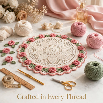 Handmade Crochet Round Table Mat – Star Center & Floral Corner Lace Design