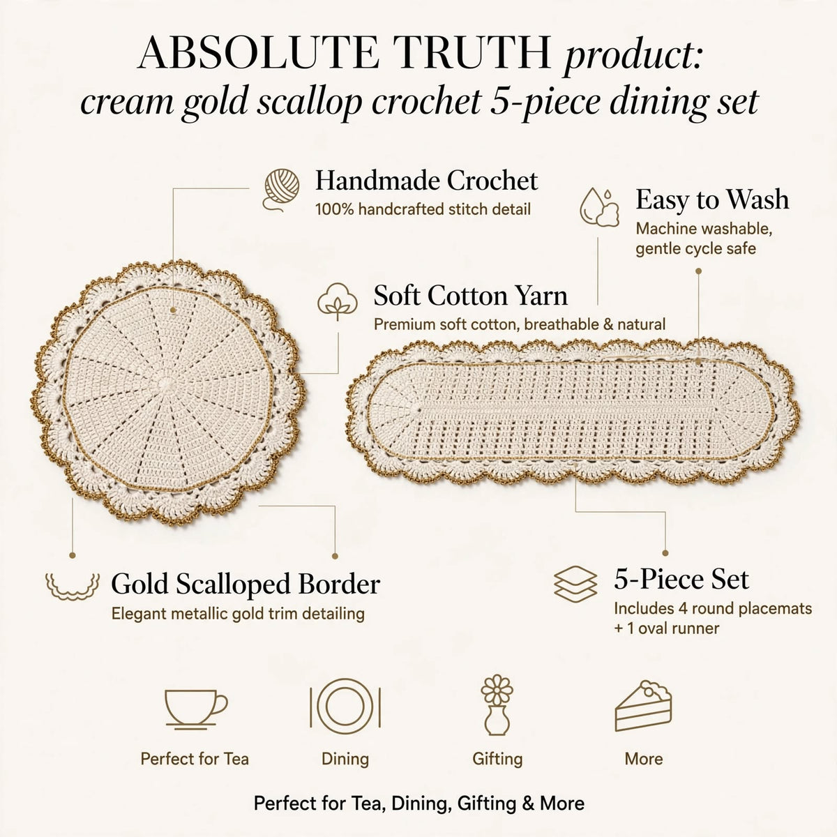 Handmade Crochet Dining Table Set – Cream & Golden Elegant Table Decor