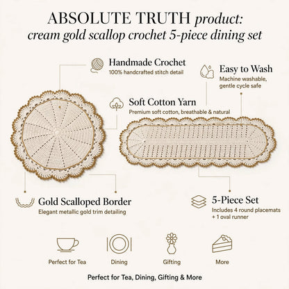 Handmade Crochet Dining Table Set – Cream & Golden Elegant Table Decor