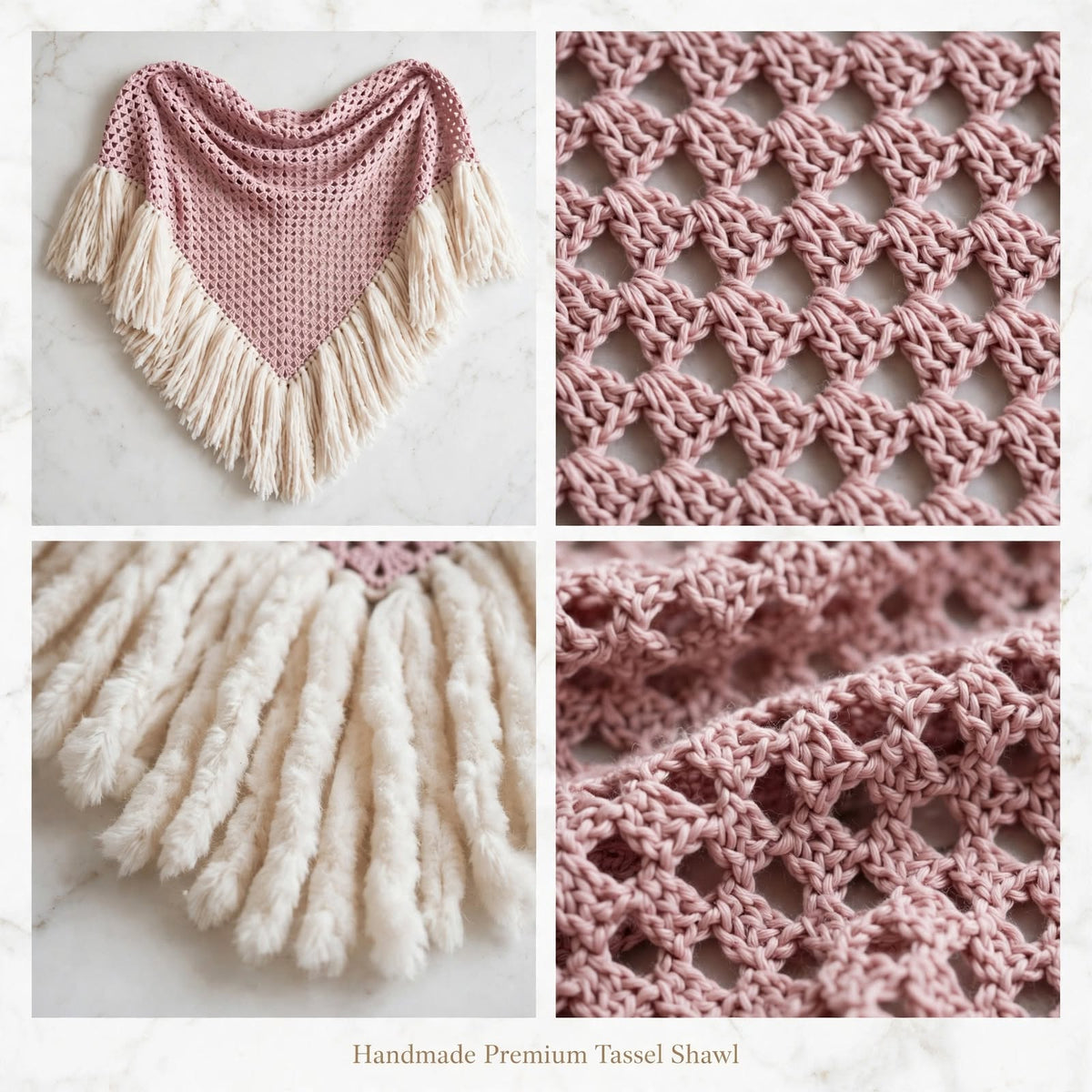 Handmade Crochet Shoulder Shawl – Wine Pink with Long Cream Tassels