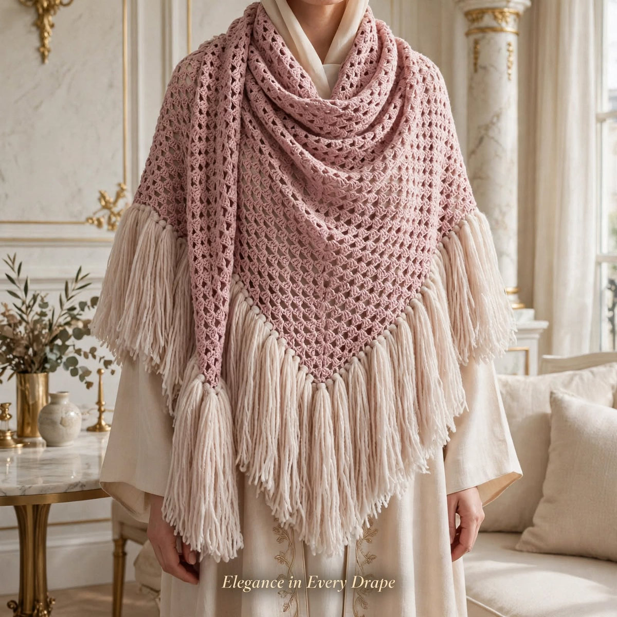 Handmade Crochet Shoulder Shawl – Wine Pink with Long Cream Tassels