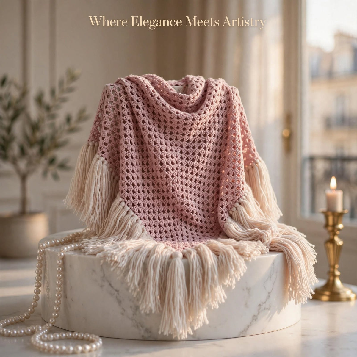 Handmade Crochet Shoulder Shawl – Wine Pink with Long Cream Tassels