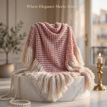 Handmade Crochet Shoulder Shawl – Wine Pink with Long Cream Tassels