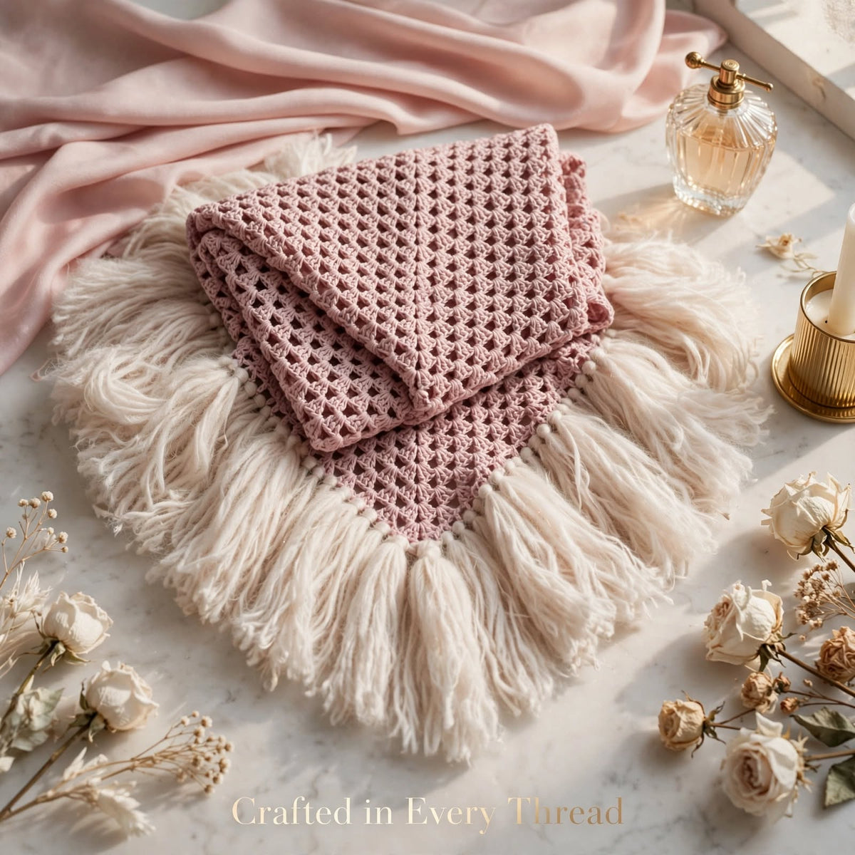 Handmade Crochet Shoulder Shawl – Wine Pink with Long Cream Tassels