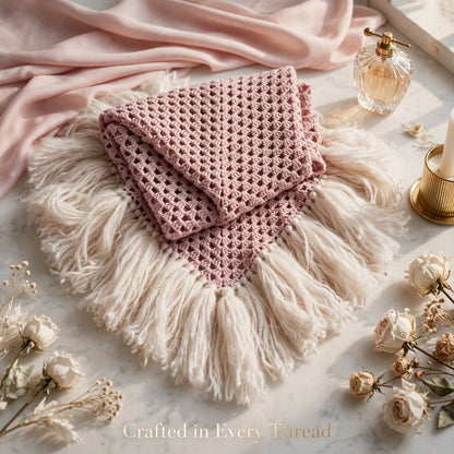 Handmade Crochet Shoulder Shawl – Wine Pink with Long Cream Tassels