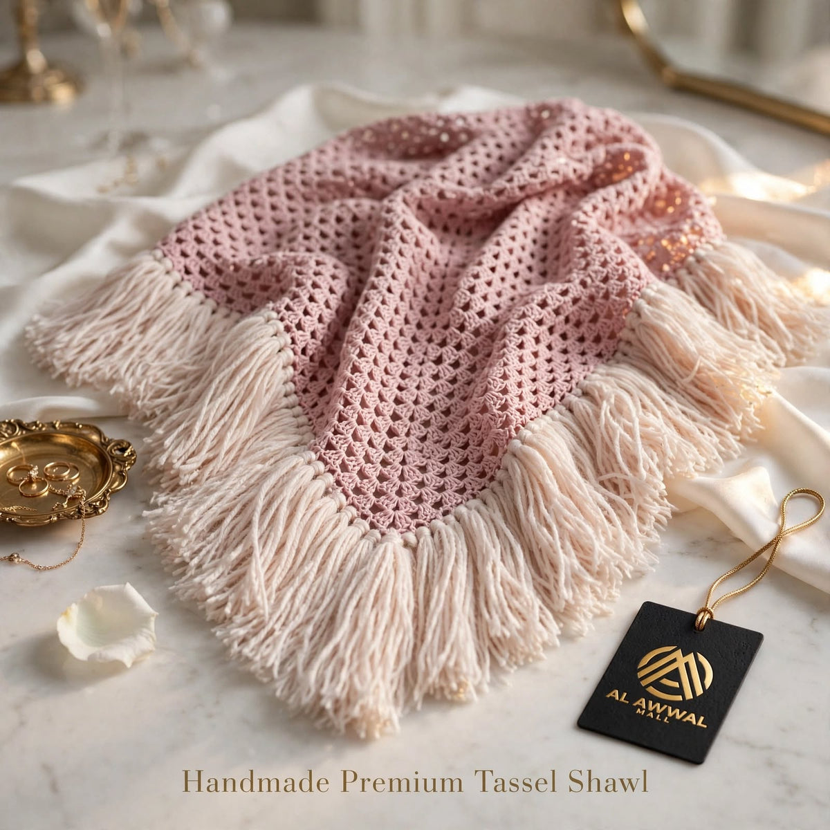 Handmade Crochet Shoulder Shawl – Wine Pink with Long Cream Tassels