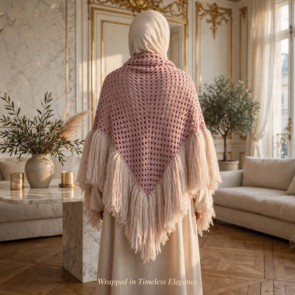 Handmade Crochet Shoulder Shawl – Wine Pink with Long Cream Tassels