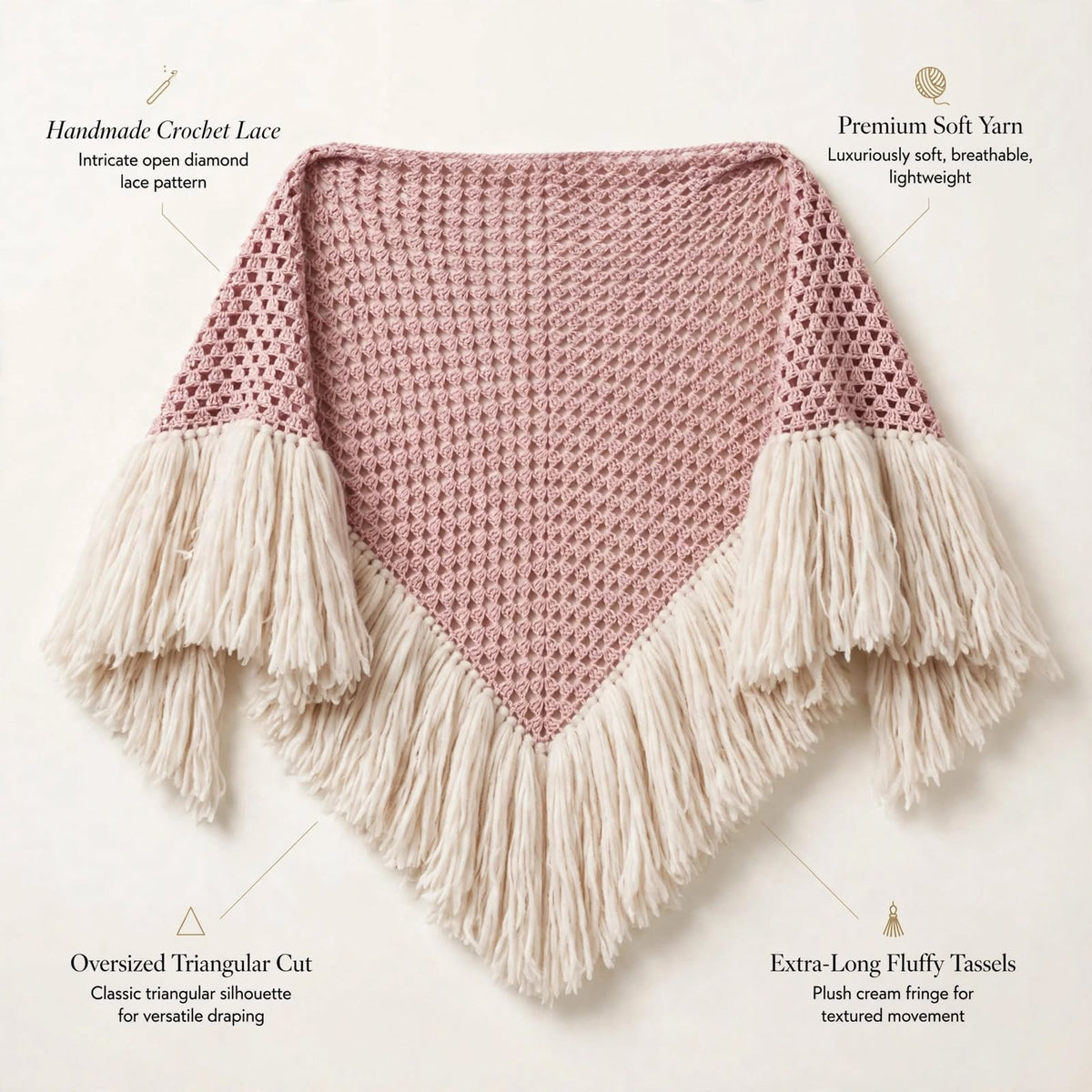 Handmade Crochet Shoulder Shawl – Wine Pink with Long Cream Tassels