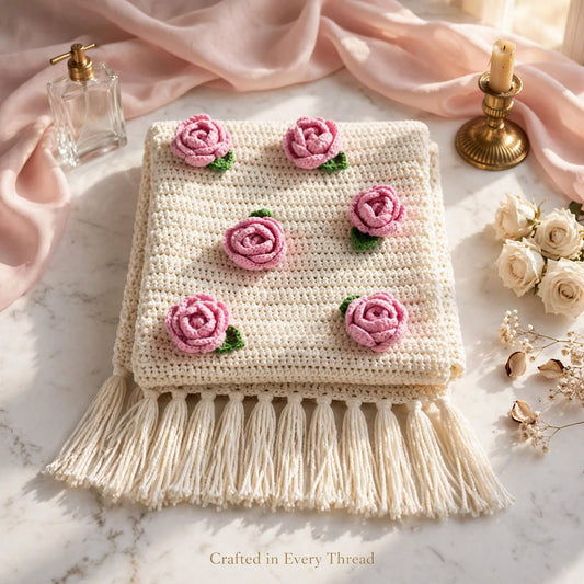 Handmade Crochet Shawl – Cream with Baby Pink & Green Floral Details