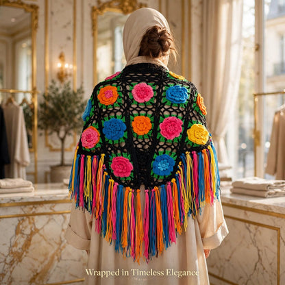 Handmade Crochet Shoulder Shawl – Black Base with Multicolor Rose Floral Blocks With Tessles