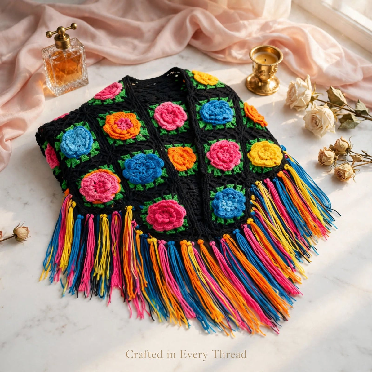 Handmade Crochet Shoulder Shawl – Black Base with Multicolor Rose Floral Blocks With Tessles