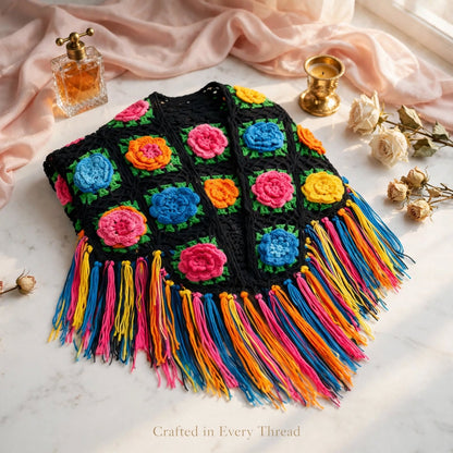 Handmade Crochet Shoulder Shawl – Black Base with Multicolor Rose Floral Blocks With Tessles