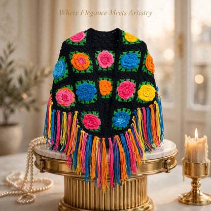 Handmade Crochet Shoulder Shawl – Black Base with Multicolor Rose Floral Blocks With Tessles
