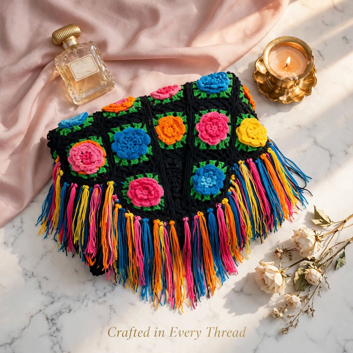 Handmade Crochet Shoulder Shawl – Black Base with Multicolor Rose Floral Blocks With Tessles